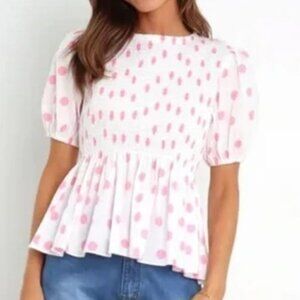 NWT Petal & Pup Cotton Polka Dot White and Pink Round Neck Cropped Top, size 6